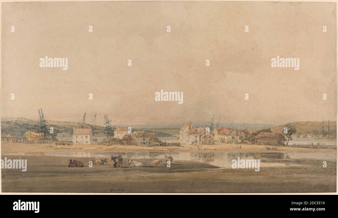Thomas Girtin, (artista), British, 1775 - 1802, Village Along a River Estuary in Devon, 1797/1798, acquerello su grafite su carta d'avena, totale: 29.3 x 51.6 cm (11 9/16 x 20 5/16 pollici), tappetino: 55.9 x 71.1 cm (22 x 28 pollici Foto Stock