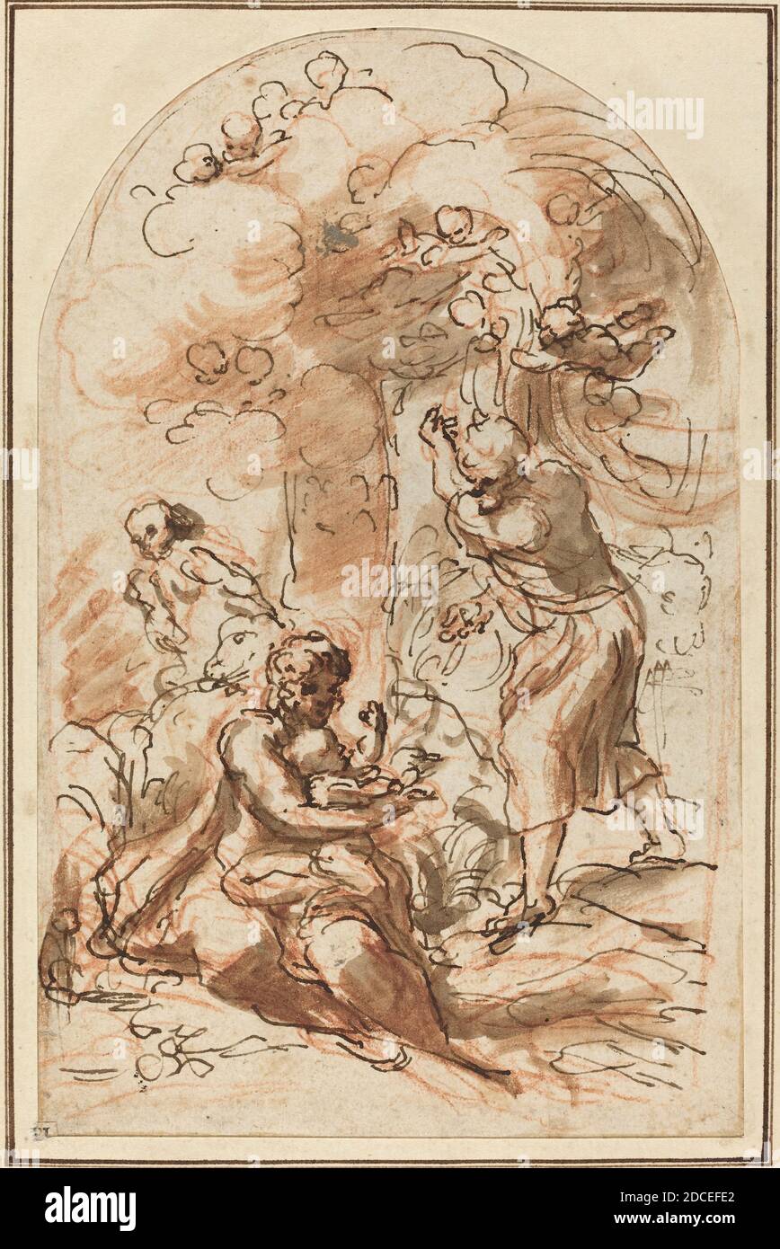 Correggio, (artista), Parmano, 1489/1494 - 1534, Studio per la 'Madonna della Scodela', 1523/1524, inchiostro penna e marrone, lavaggio marrone e gesso rosso su carta defilata, totale: 20.7 x 14 cm (8 1/8 x 5 1/2 pollici Foto Stock