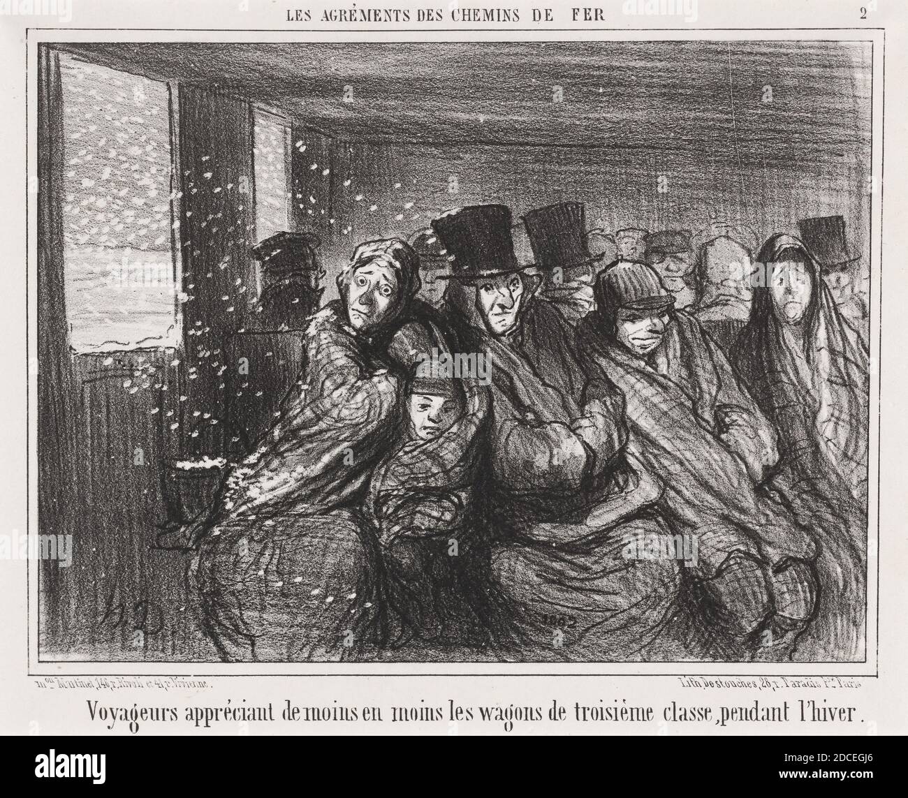 Honoré Daumier, (artista), francese, 1808 - 1879, Voyageurs appréciant de moins en moins les wagons de Troisième classe..., Les Agréments des chemins de fer: pl. 2, (serie), pubblicato nel 1856, litografia su carta wove, immagine: 19.5 x 25.6 cm (7 11/16 x 10 1/16 pollici), foglio: 25.4 x 38 cm (10 x 14 15/16 pollici Foto Stock