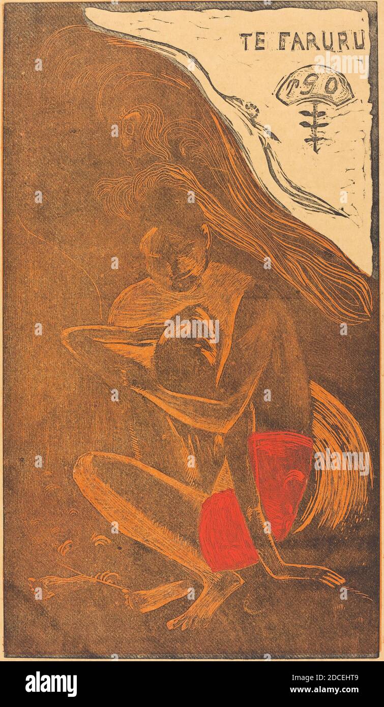 Paul Gauguin, (artista), francese, 1848 - 1903, te Faruru (stanno facendo l'amore qui), Noa Noa Suite, (serie), 1894/1895, taglio di legno stampato in beige, rosso e nero da Louis Roy, immagine: 35.8 x 20.5 cm (14 1/8 x 8 1/16 pollici Foto Stock