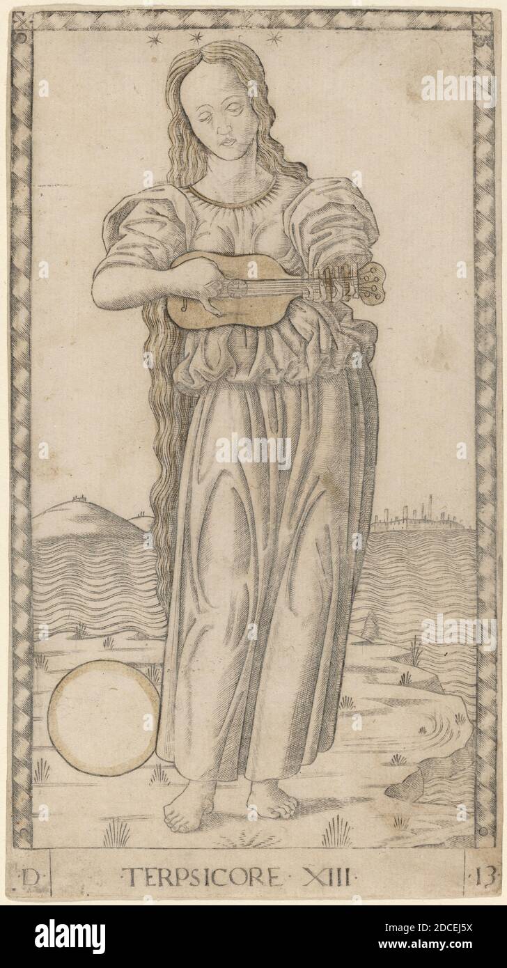 Maestro della serie e Tarocchi, (artista), Ferrarese, attivo c. 1465, Terpsicore (Terpsichore), e-Series (Apollo e le Muse): n. XIII, (serie), c. 1465, incisione con doratura, foglio: 17.8 x 10 cm (7 x 3 15/16 pollici Foto Stock