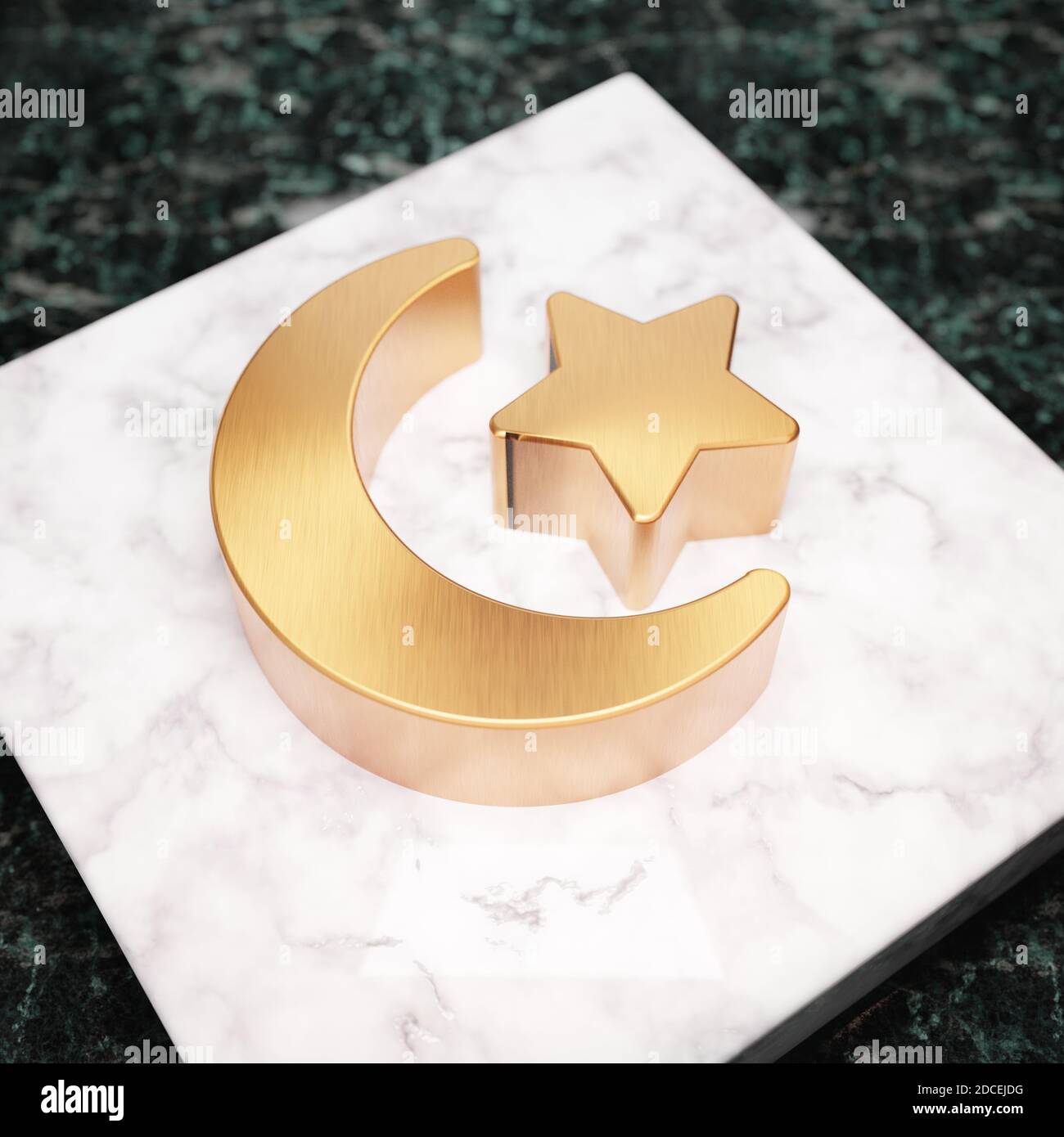 Icona a stella e a mezzaluna. Simbolo Bronze Star e Crescent sul podio in marmo bianco. Icona per sito Web, social media, presentazione, elemento modello di design. Rendering 3D. Foto Stock