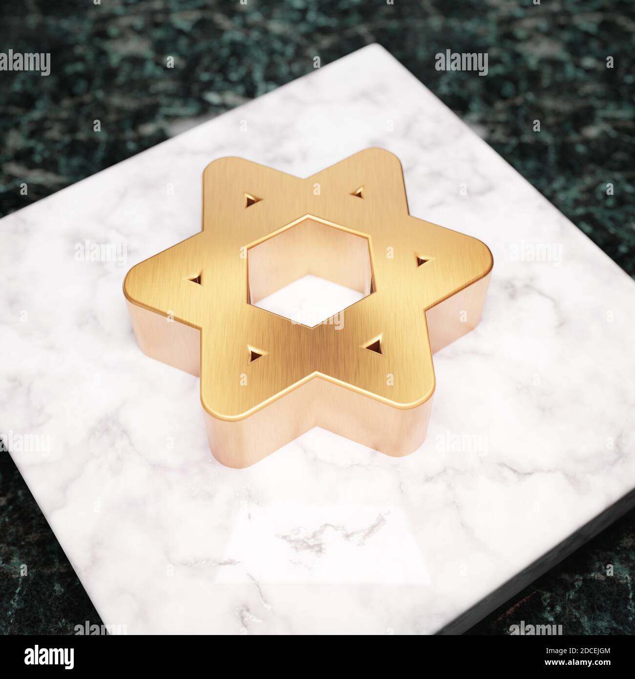 Icona stella di David. Simbolo della stella di bronzo di David sul podio in marmo bianco. Icona per sito Web, social media, presentazione, elemento modello di design. Rendering 3D. Foto Stock