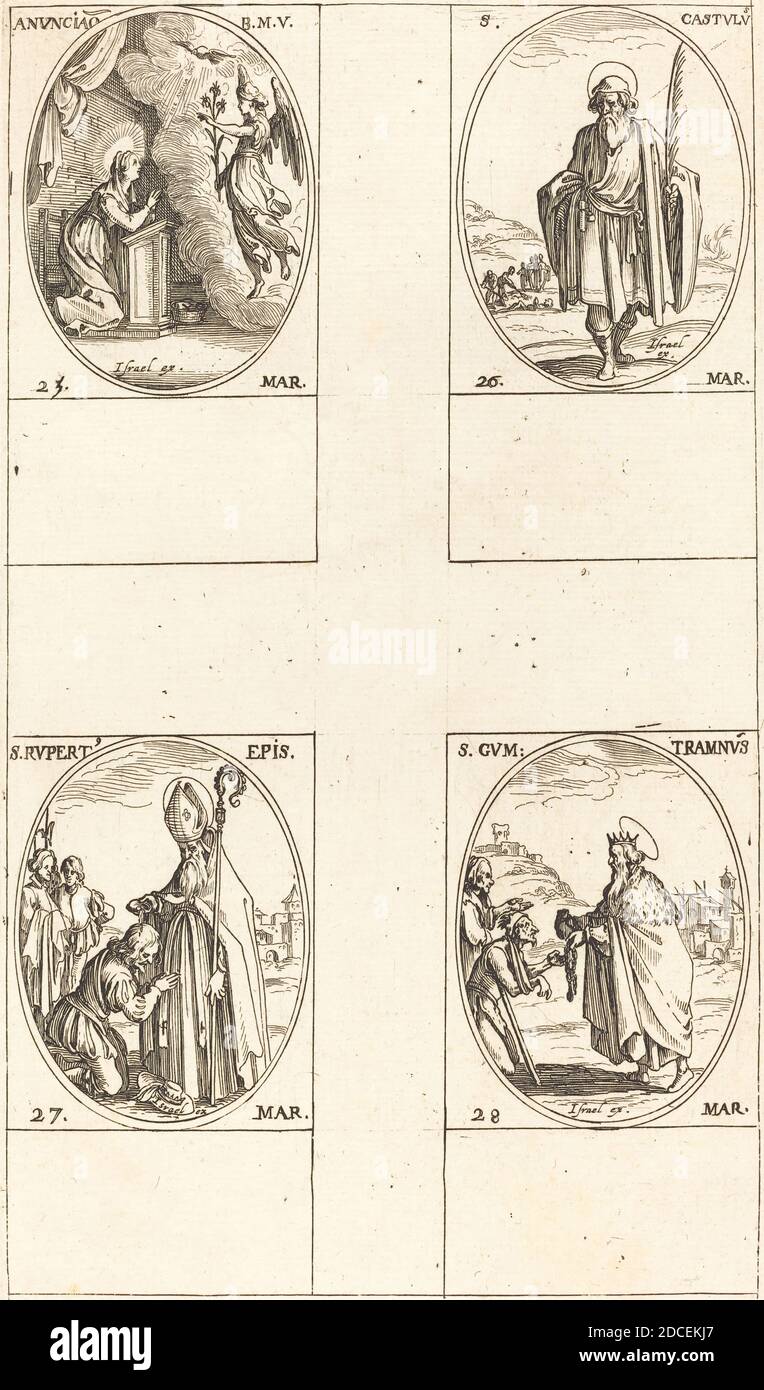 Jacques Callot, (artista), francese, 1592 - 1635, l'Annunciazione; San Castolo; San Rupert; San Gontran, il Calendario dei Santi, (serie), incisione Foto Stock