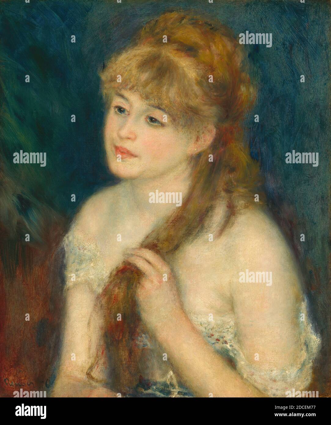 Auguste Renoir, (artista), francese, 1841 - 1919, giovane donna intrecciare i suoi capelli, 1876, olio su tela, totale: 55.5 x 46 cm (21 7/8 x 18 1/8 pollici), incorniciato: 76.8 x 68 x 7 cm (30 1/4 x 26 3/4 x 2 3/4 pollici Foto Stock