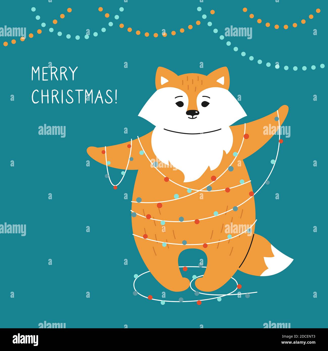 Biglietto di auguri natalizi, volpe con ghirlanda. Simpatico personaggio natalizio con cartoni animati disegnati a mano. Felice anno nuovo, Buon Natale. Vettore animale Illustrazione Vettoriale