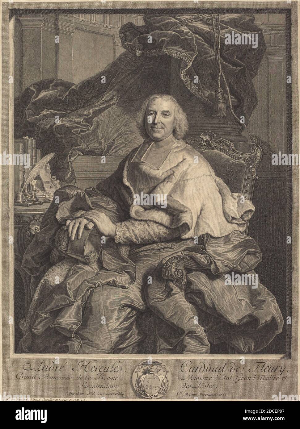 Pierre Drevet, (artista), francese, 1663 - 1738, Hyacinthe Rigaud, (artista dopo), francese, 1659 - 1743, André Hercules, Cardinal de Fleury, 1730, incisione su carta a fogli Foto Stock