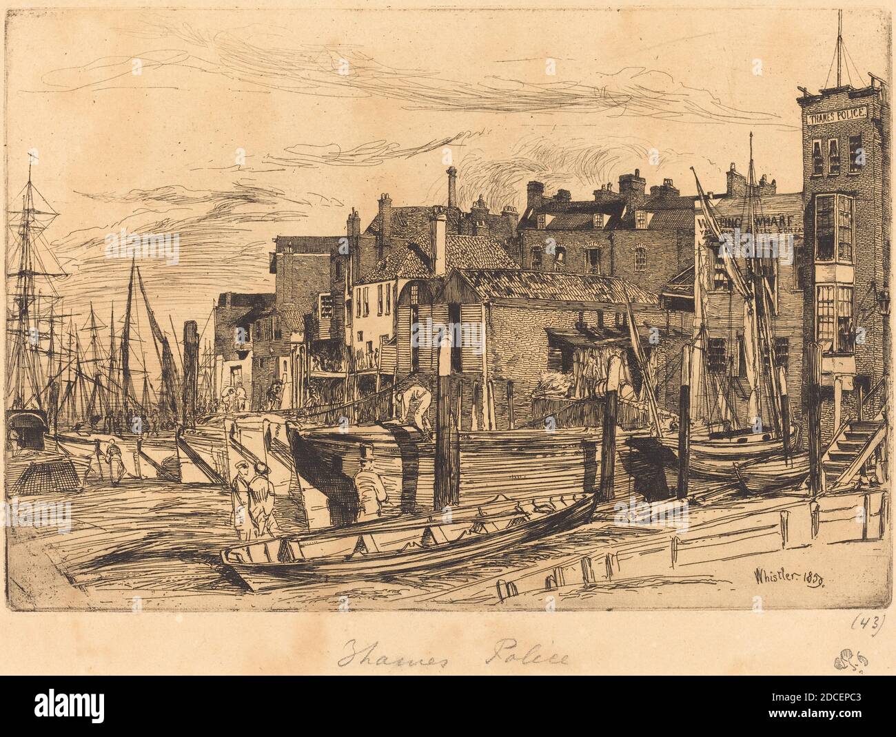 James McNeill Whistler, (artista), americano, 1834 - 1903, Thames Police, una serie di sedici incisioni di scene sul Tamigi, (serie), 1859, incisione e punto secco in nero, piastra: 15.24 x 22.23 cm (6 x 8 3/4 pollici), foglio: 21.59 x 30.16 cm (8 1/2 x 11 7/8 pollici Foto Stock