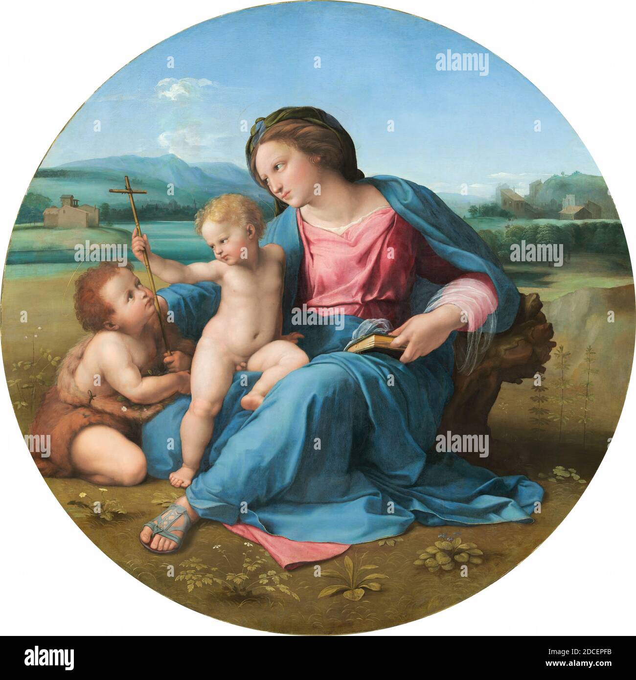 Raffaello, (artista), Marchigiano, 1483 - 1520, la Madonna Alba, c.. 1510, olio su pannello trasferito su tela, totale (diametro): 94.5 cm (37 3/16 poll.), incorniciato (diametro x profondità): 140.34 × 15.88 cm (55 1/4 × 6 1/4 in.), dopo quattro anni a Firenze, Raffaello si trasferì a Roma nel 1508, probabilmente per eseguire commissioni più significative sotto il regno papale di Giulio II L'opera più importante in America del periodo romano di Raffaello è l'Alba Madonna. In questa 'Madonna dell'umiltà' la Vergine è seduta direttamente a terra invece che su un trono celeste o su un sontuoso cuscino Foto Stock