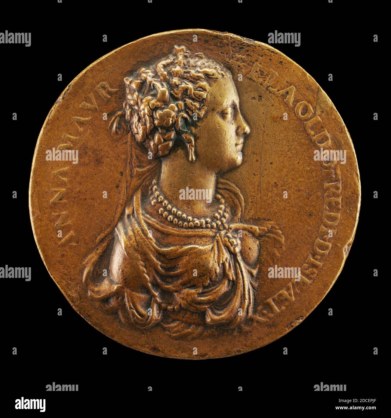 Giovanni Battista Cambio, chiamato Bombarda, (medalista), Emiliano, attivo c. 1540 - 1575, Anna Maurella Oldofredi d'Iseo, fine XVI secolo, bronzo, totale (diametro): 6.28 cm (2 1/2 in.), peso lordo: 92.68 gr (0.204 lb.), asse: 6:00 Foto Stock