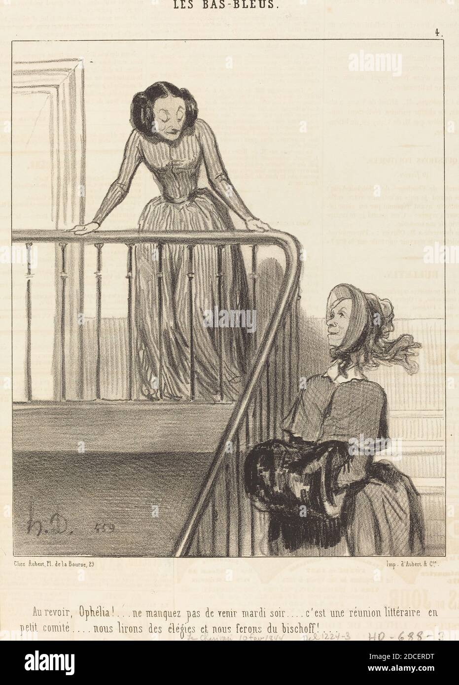 Honoré Daumier, (artista), francese, 1808 - 1879, Au revoir, Ophélia!... ne manquez pas..., Les Bas-bleus: pl.4, (serie), 1844, litografia su carta da giornale Foto Stock