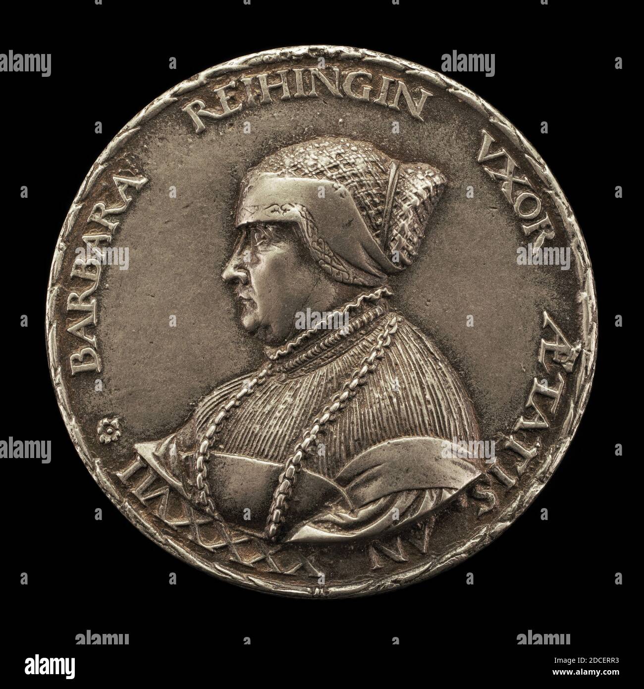 Hans Kels il giovane, (medalista), tedesco, c.. 1508/1510 - 1565, Barbara Reiking, 1491-1566, moglie di Georg Hermann 1512, 1538, piombo, totale (diametro): 5.19 cm (2 1/16 in.), peso lordo: 41.09 gr (0.091 lb.), asse: 12:00 Foto Stock