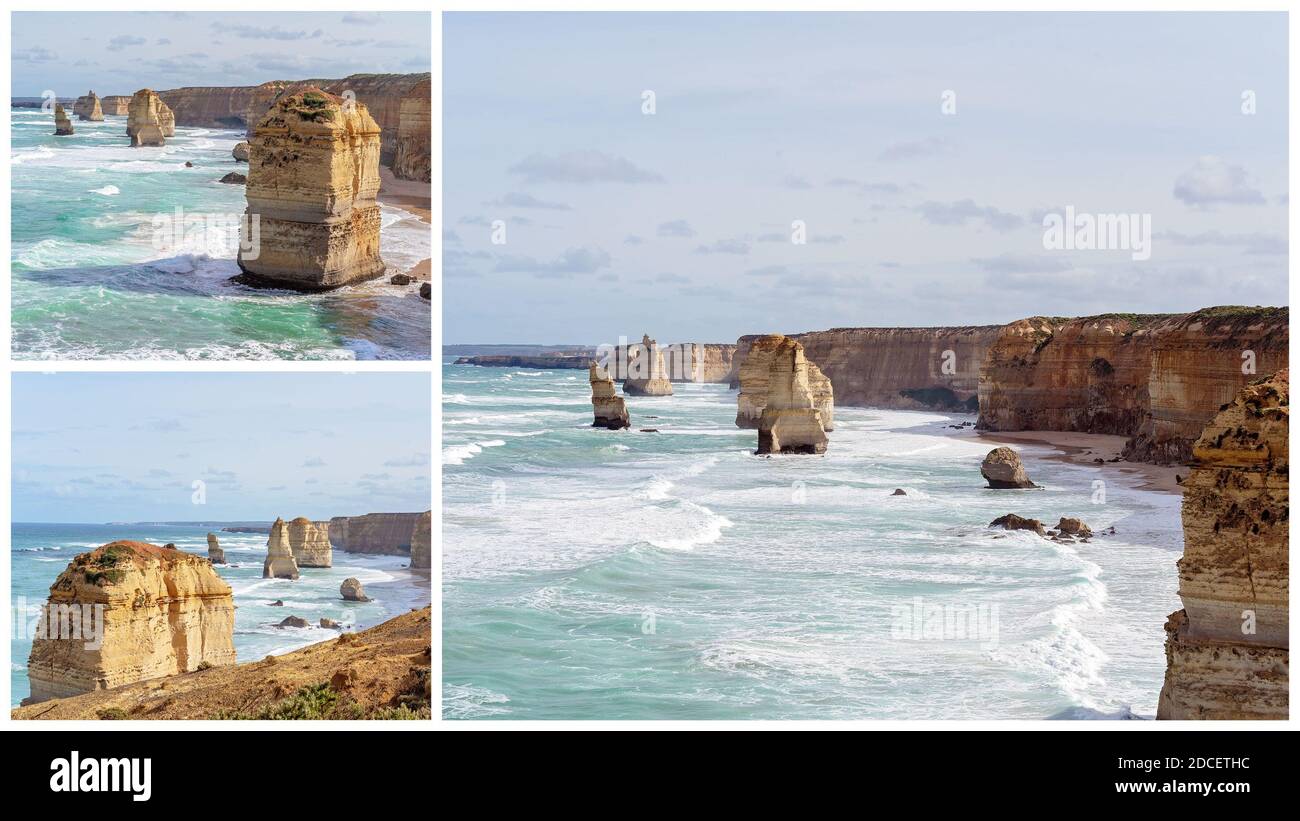 Collage dei famosi dodici Apostoli simbolo di destinazione turistica La Great Ocean Road in Australia Foto Stock