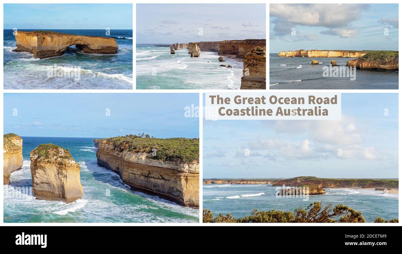 Collage della splendida costa vittoriana della Great Ocean Road, una famosa destinazione turistica Foto Stock