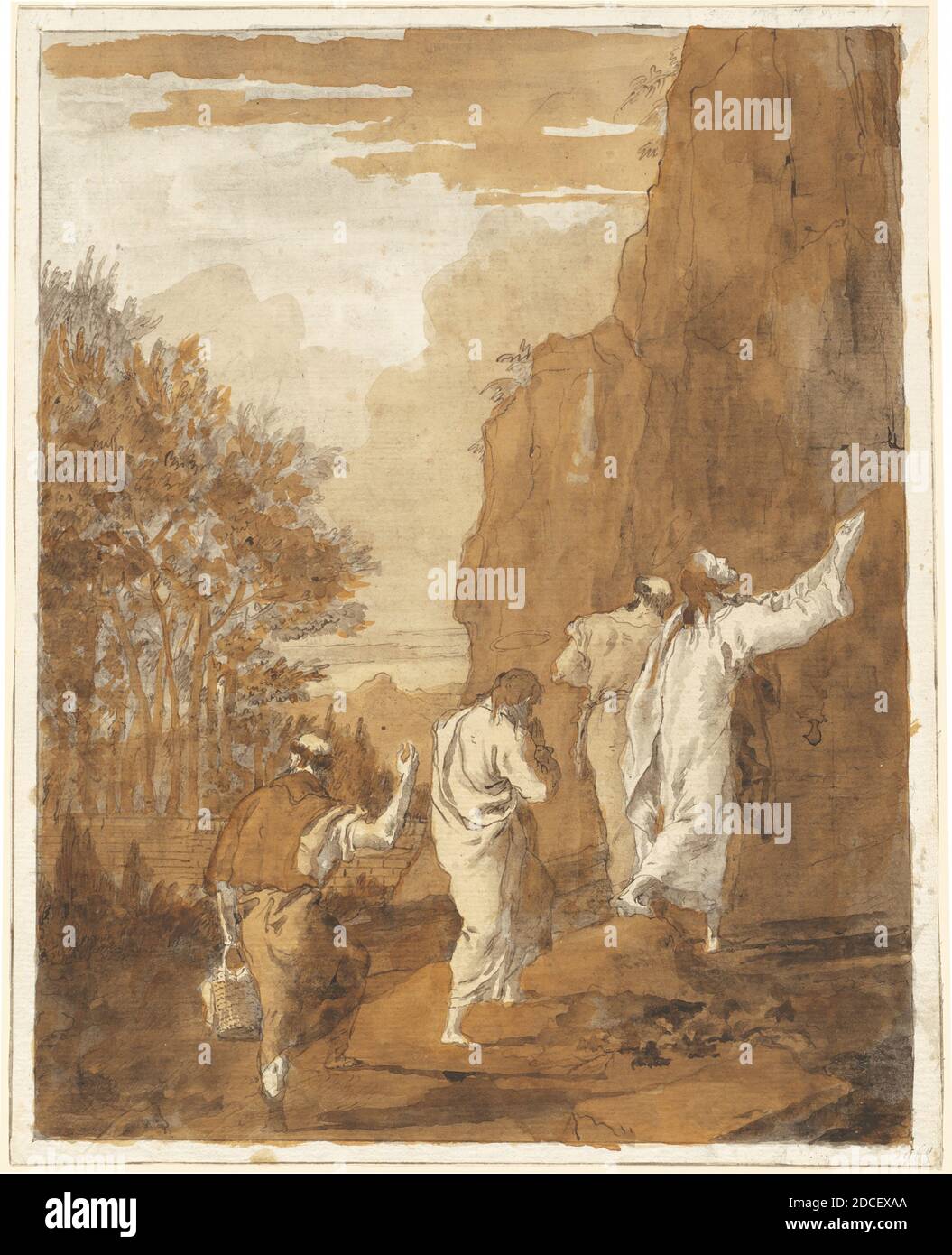 Giovanni Domenico Tiepolo, (artista), Veneziano, 1727 - 1804, Cristo che guida Pietro, Giacomo, E Giovanni all'alta montagna per la Trasfigurazione, la grande serie biblica, (serie), 1785/1795, penna e inchiostro grigio e penna e inchiostro nero su gesso nero con una varietà di lavaggi grigio, nero, marrone e marrone dorato, totale: 48 × 38.6 cm (18 7/8 × 15 3/16 poll Foto Stock