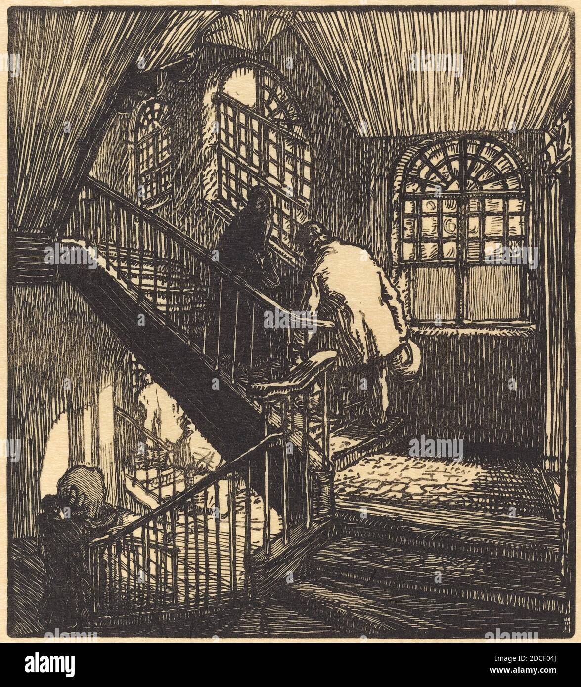 Auguste Lepère, (artista), francese, 1849 - 1918, Escalier de la maison ou etait le Chateau Rouge, la Bievre, Les Gobelins, Saint-Severin, (serie), pubblicato 1901, incisione in legno Foto Stock