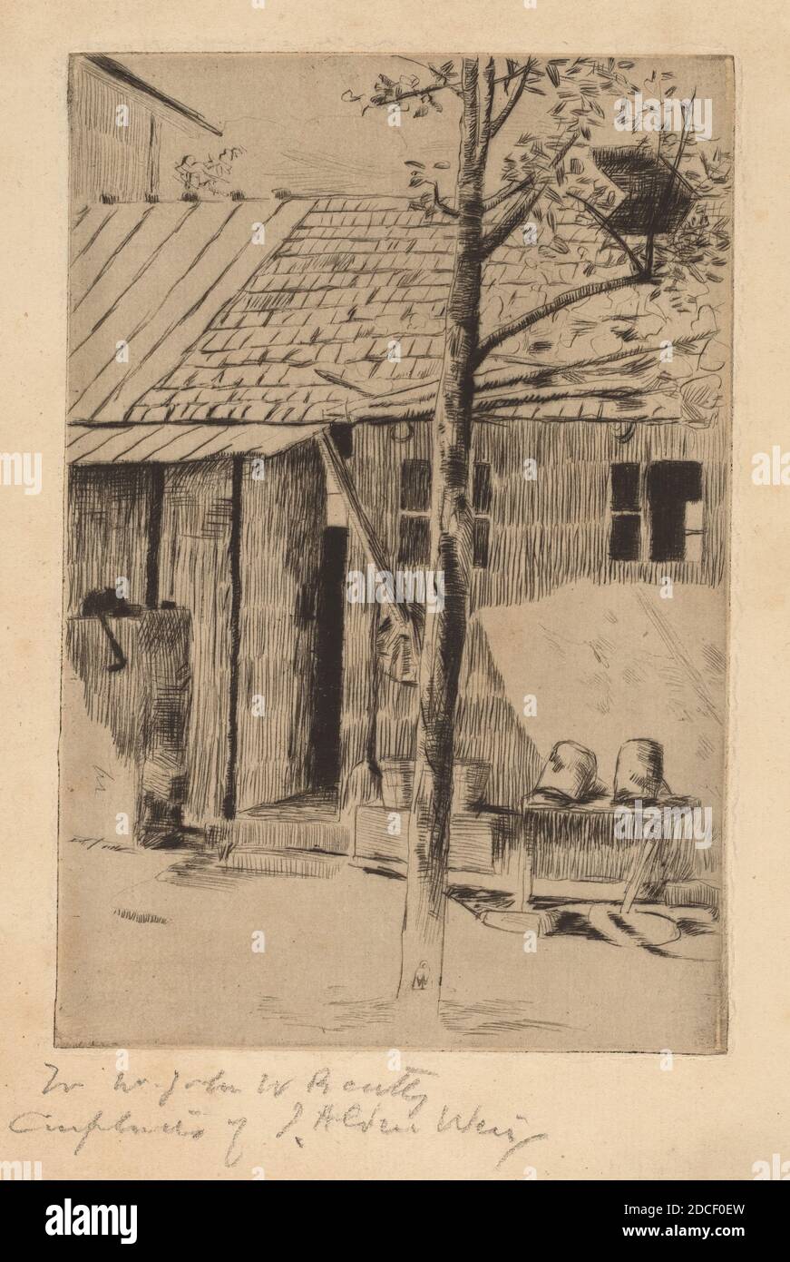 Julian Alden Weir, (artista), americano, 1852 - 1919, Dooryard, Bucket e albero, incisione Foto Stock