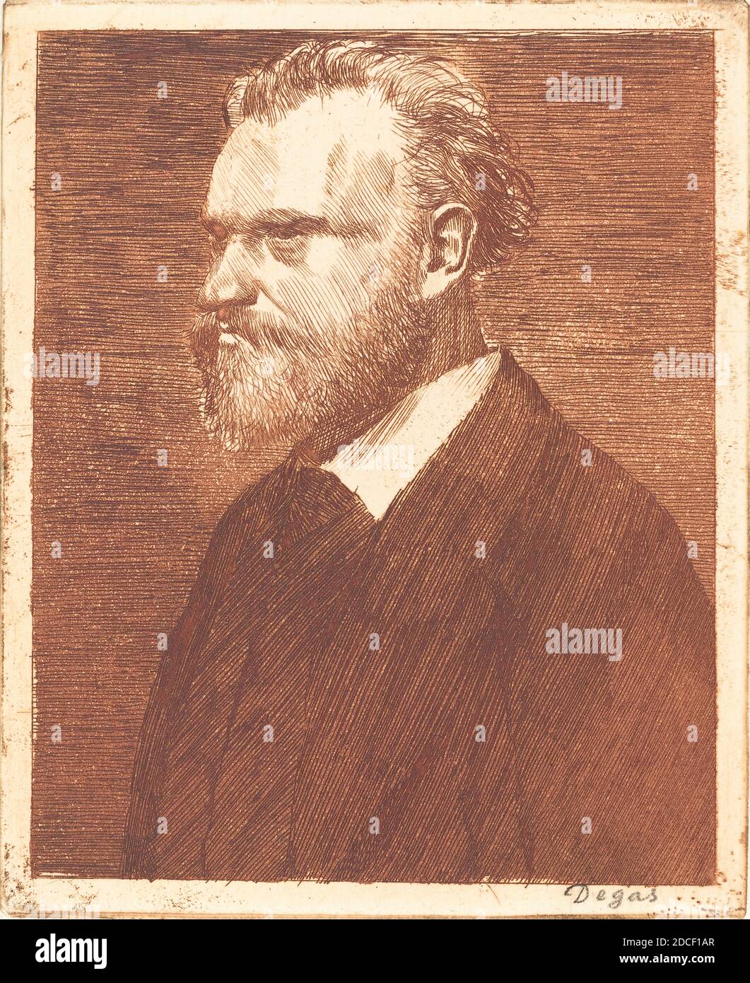 Edgar Degas, (artista), francese, 1834 - 1917, Edouard Manet, Ritratto di lunghezza busto (Manet en buste), 1864/1865, incisione, punto secco e acquatinto in rosso-marrone su carta di wove, foglio: 25 x 17 cm (9 13/16 x 6 11/16 pollici Foto Stock