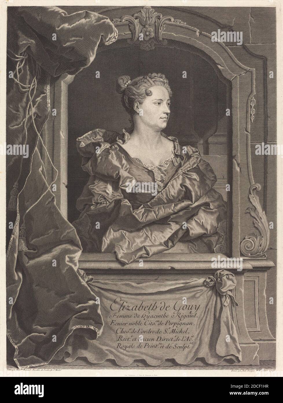 Johann Georg Wille, (artista), tedesco, 1715 - 1808, Hyacinthe Rigaud, (artista dopo), francese, 1659 - 1743, Elizabeth de Gouy, femme de Hyacinthe Rigaud, 1743, incisione e incisione, piastra: 47.5 x 35.5 cm (18 11/16 x 14 pollici), foglio: 64.1 x 51.5 cm (25 1/4 x 20 1/4 pollici Foto Stock