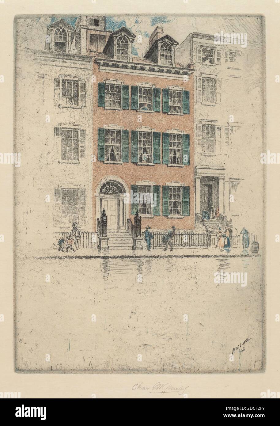 Charles Frederick William Mielatz, (artista), americano, 1864 - 1919, Ericsson's House, Beach Street, 1908, incisione a colori Foto Stock