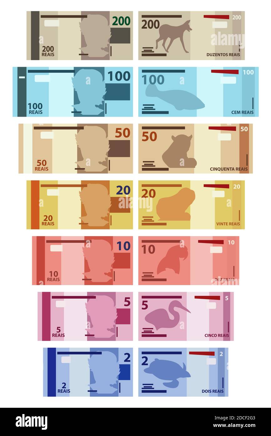 Le principali banconote reali brasiliane colorate Illustrazione Vettoriale
