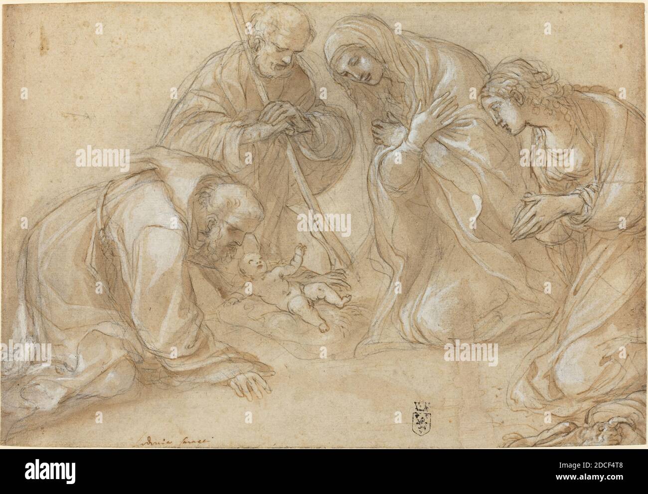 Lodovico Carracci, (artista), Bolognese, 1555 - 1619, Natività con i Santi Francesco e Agnese, c. 1605, penna e inchiostro marrone e lavaggio marrone con rinforte bianco su gesso nero; tracce di incising, totale: 20.2 x 29.5 cm (7 15/16 x 11 5/8 pollici Foto Stock
