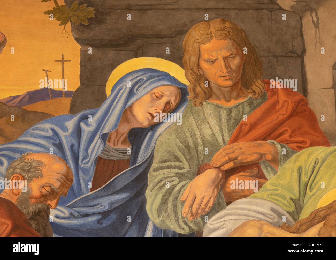 VIENNA, AUSTIRA - 22 OTTOBRE 2020: Il dettaglio dell'affresco di sepoltura di Gesù come parte della stazione di Via Crucis nella chiesa di San Giovanni Nepomuk. Foto Stock