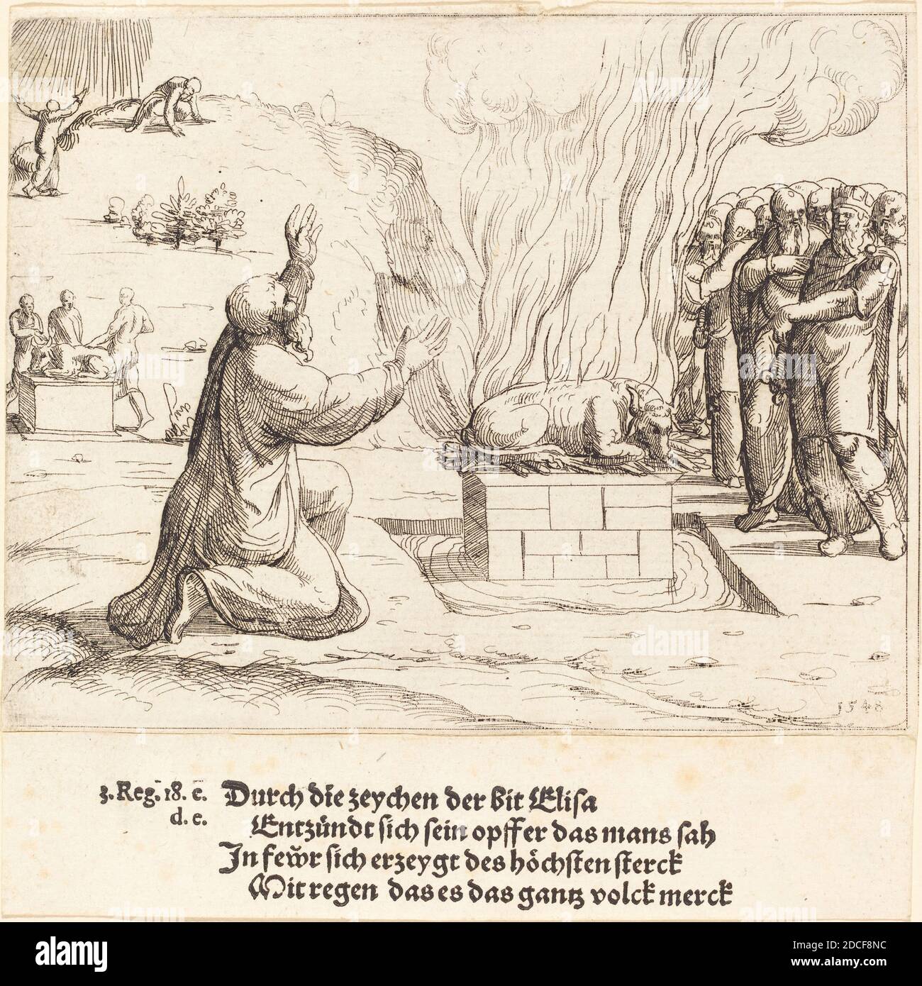 Augustin Hirschvogel, (artista), tedesco, 1503 - 1553, i sacrifici rivali di Elia e i sacerdoti di Baal, Vecchio e nuovo Testamento concordano (serie), 1548, incisione Foto Stock