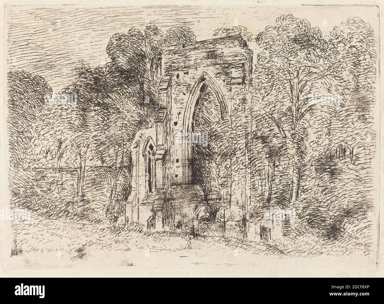 John Constable, (artista), British, 1776 - 1837, le rovine di Netley Abbey, c. 1826, incisione su carta da wove, piastra: 13.2 x 18.8 cm (5 3/16 x 7 3/8 pollici), foglio: 22 x 30 cm (8 11/16 x 11 13/16 pollici Foto Stock