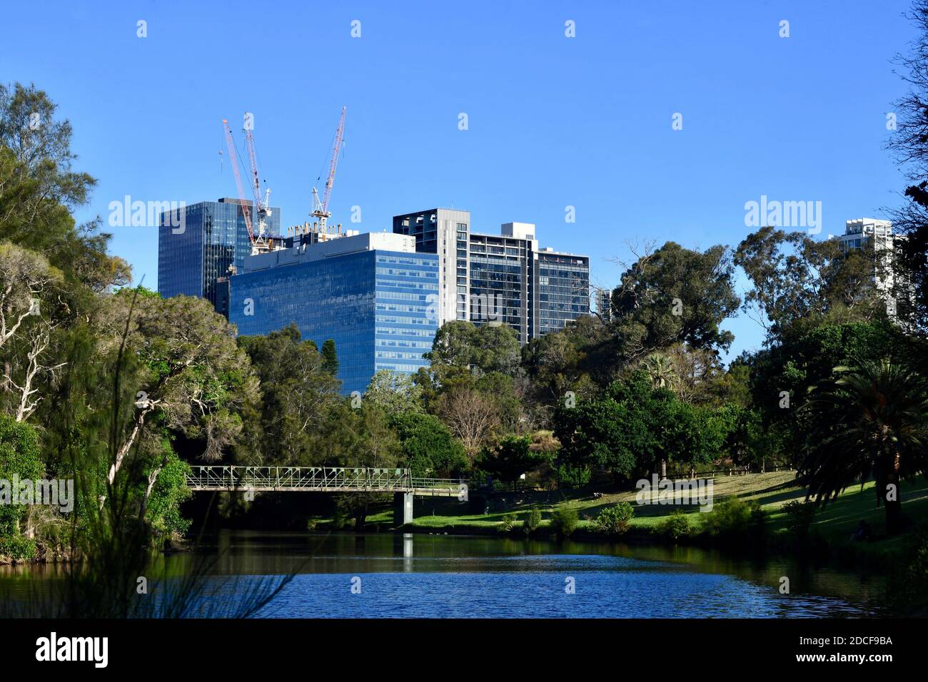 Una vista dello skyline di Parramatta dal Parramatta Park in Australia Foto Stock