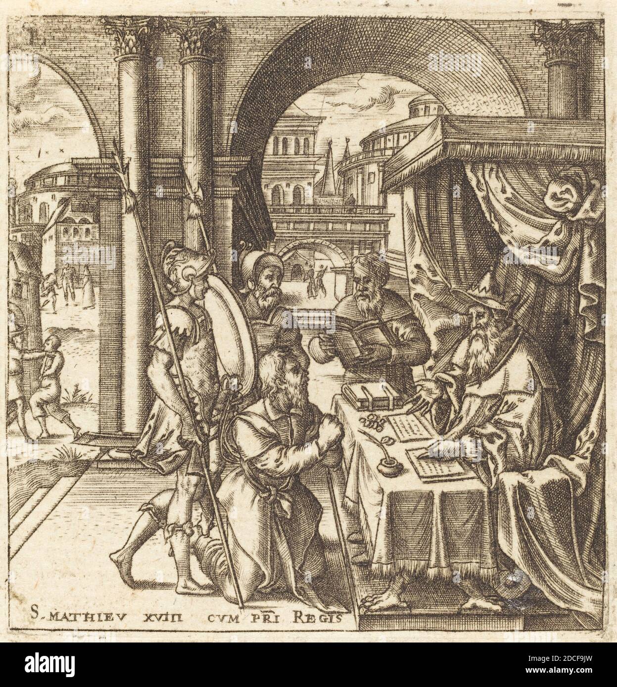 Léonard Gaultier, (artista), francese, 1561 - 1641, il Servo che implorava la Misericordia dal suo re, scene del nuovo Testamento, (serie), probabilmente c.. 1576/1580, incisione Foto Stock
