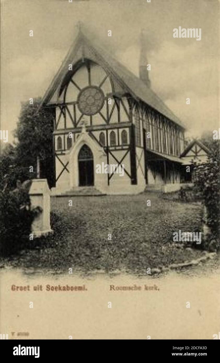 - Groet uit Soekaboemi Roomsche kerk - 1895 - 1908. Foto Stock