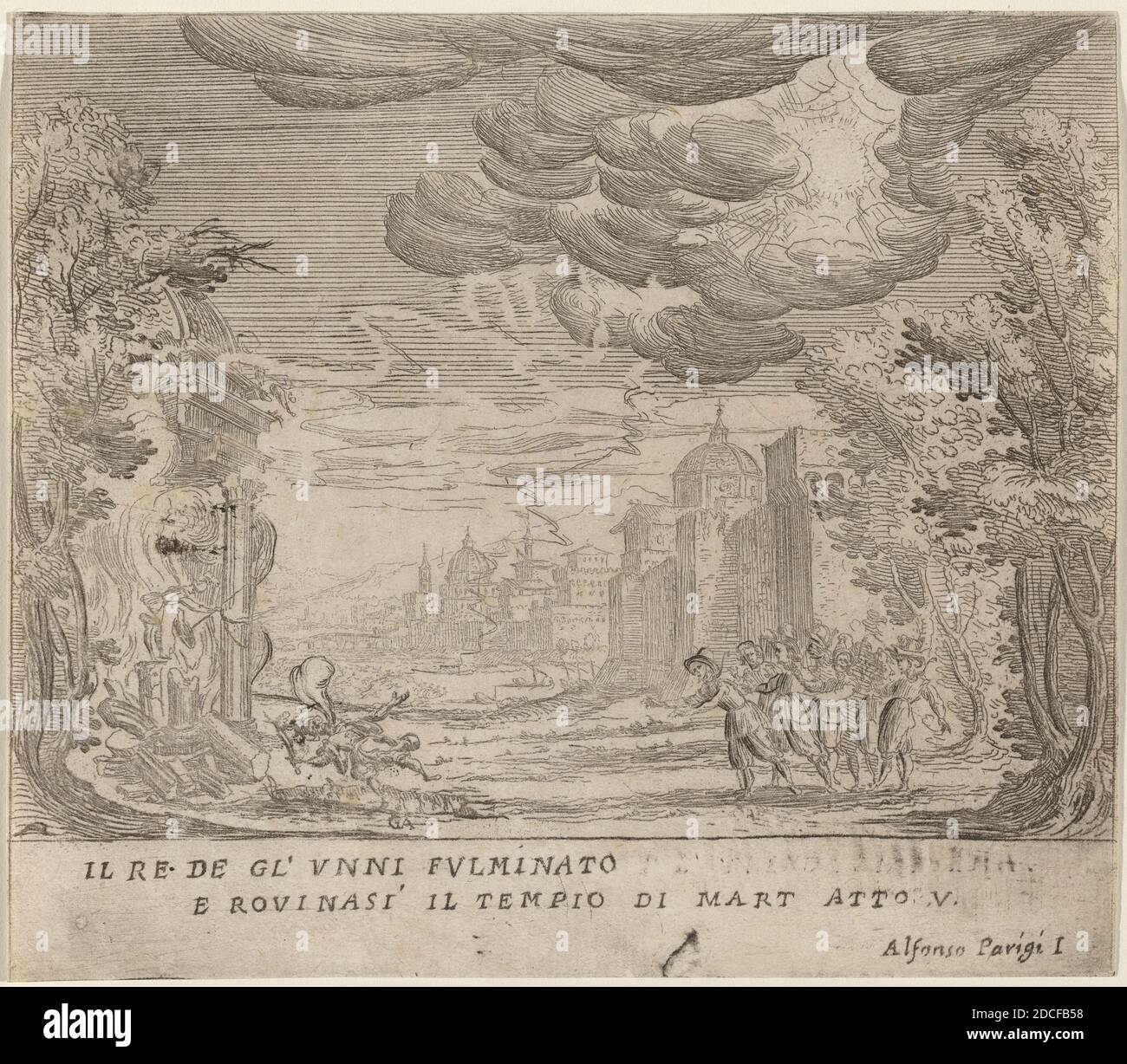 Alfonso Parigi II, (artista), fiorentino, 1606 - 1656, l'incisioni del Re degli Unni e il crollo della regola del Mart, la tragedia di Sant'Ursula: Atto V, (serie), incisione Foto Stock