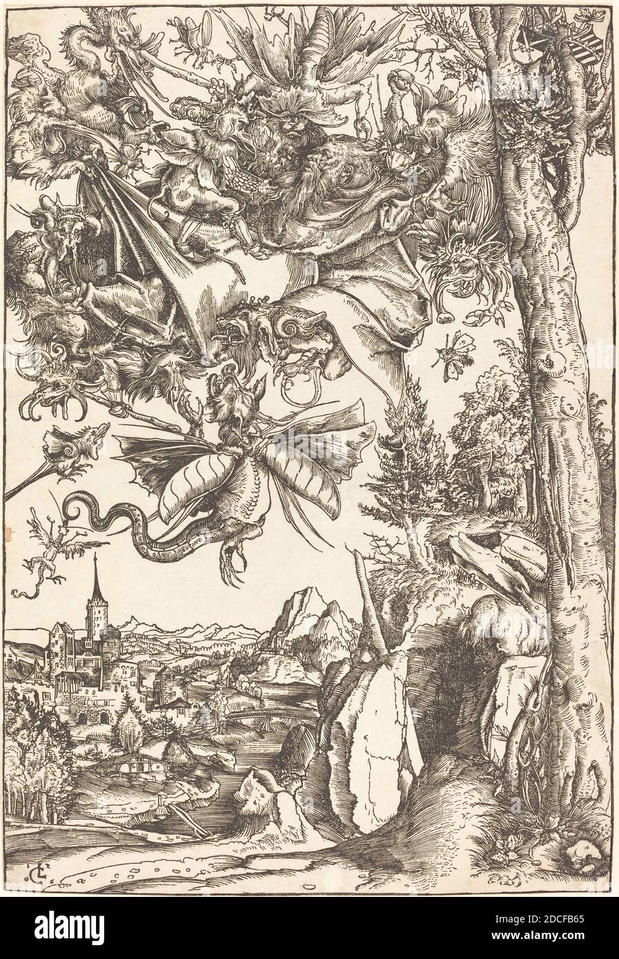 Lucas Cranach il Vecchio, (artista), tedesco, 1472 - 1553, la tentazione di Sant'Antonio, 1506, taglio di legno, foglio (rifilato all'immagine): 40.3 x 27.7 cm (15 7/8 x 10 7/8 pollici Foto Stock
