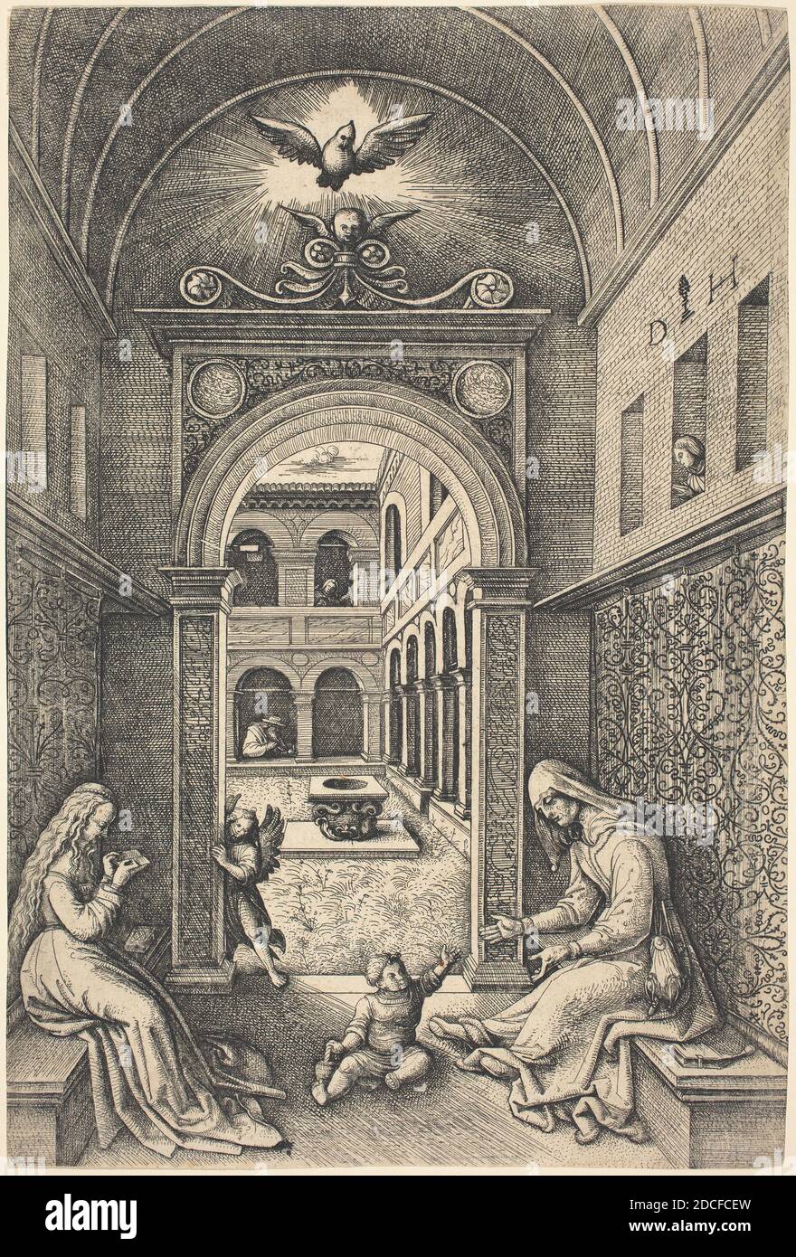 Daniel Hopfer, (artista), tedesco, c.. 1470 - 1536, la Vergine col Bambino con Sant'Anna da un portale, incisione (ferro), piatto morso due volte, foglio (rifilato all'interno della tacca della piastra): 23 x 15.5 cm (9 1/16 x 6 1/8 pollici Foto Stock