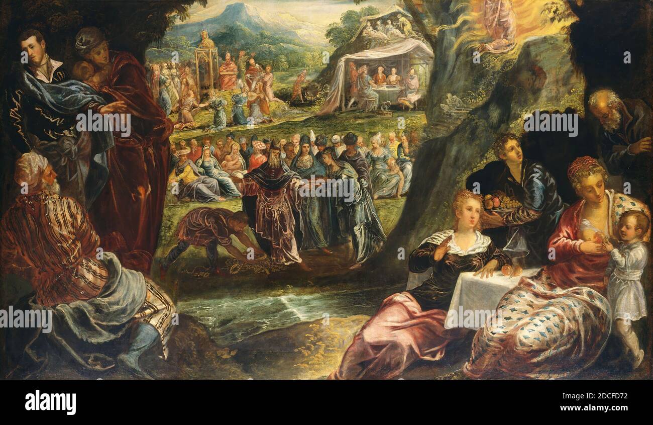 16esimo secolo, (pittore), Jacopo Tintoretto, (artista collegato), Veneziano, 1518 o 1519 - 1594, il culto del vitello d'oro, c.. 1594, olio su tela, totale: 158.8 × 272.2 cm (62 1/2 × 107 3/16 in.), incorniciato: 187.6 x 300.7 x 12.7 cm (73 7/8 x 118 3/8 x 5 in Foto Stock
