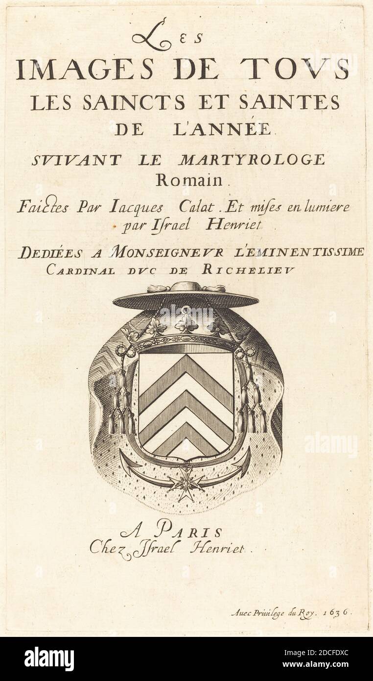 Abraham Bosse, (artista), Francese, 1602 - 1676, Title Page for Callot's 'il Calendario dei Santi', il Calendario dei Santi, (serie), 1636, Etching Foto Stock