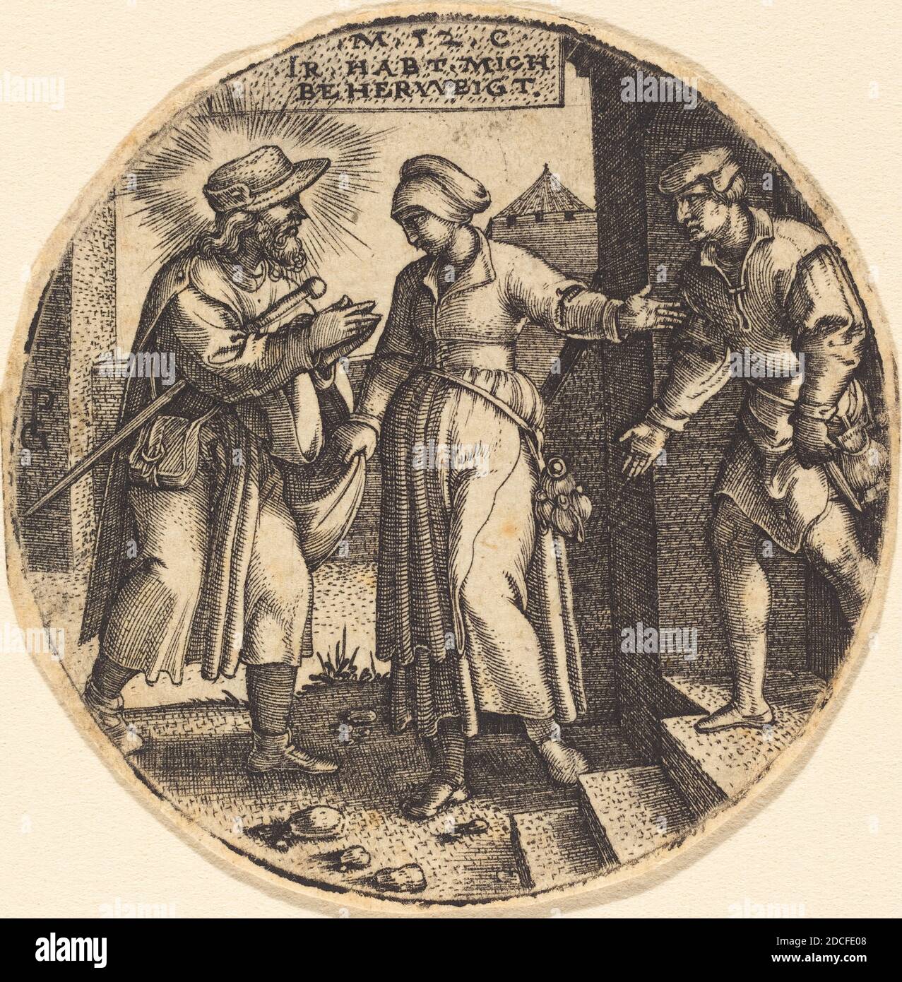 Georg Pencz, (artista), tedesco, c.. 1500 - 1550, a casa dei pellegrini, le sette opere di Misericordia, (serie), incisione Foto Stock
