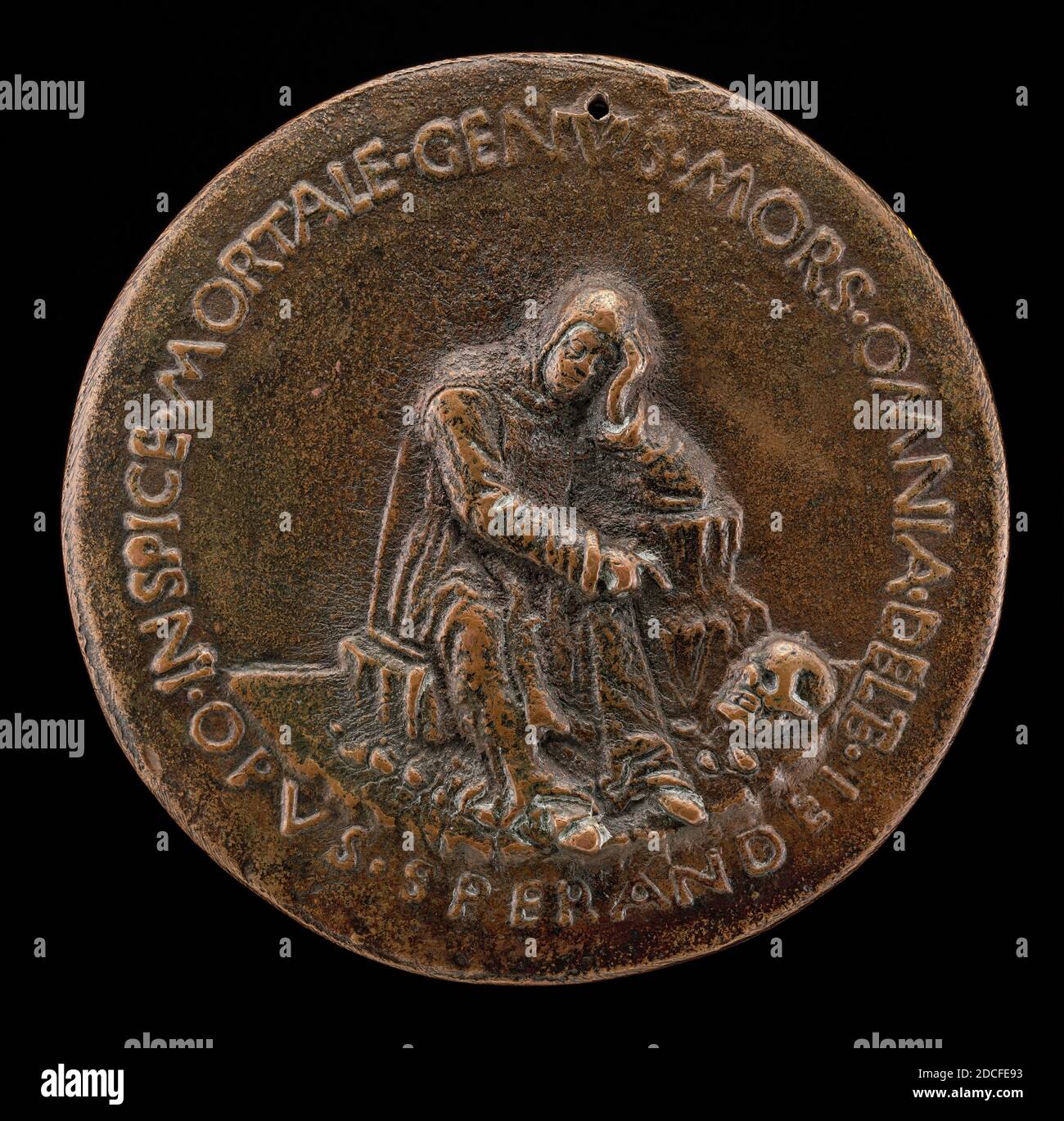 Sperandio, (artista), Mantova, c.. 1425/1428 - c. 1504, fra Cesario seduto su una roccia, contemplando un cranio, c. 1467, bronzo, totale (diametro): 8.16 cm (3 3/16 in.), peso lordo: 193.37 gr (0.426 lb.), asse: 12:00 Foto Stock