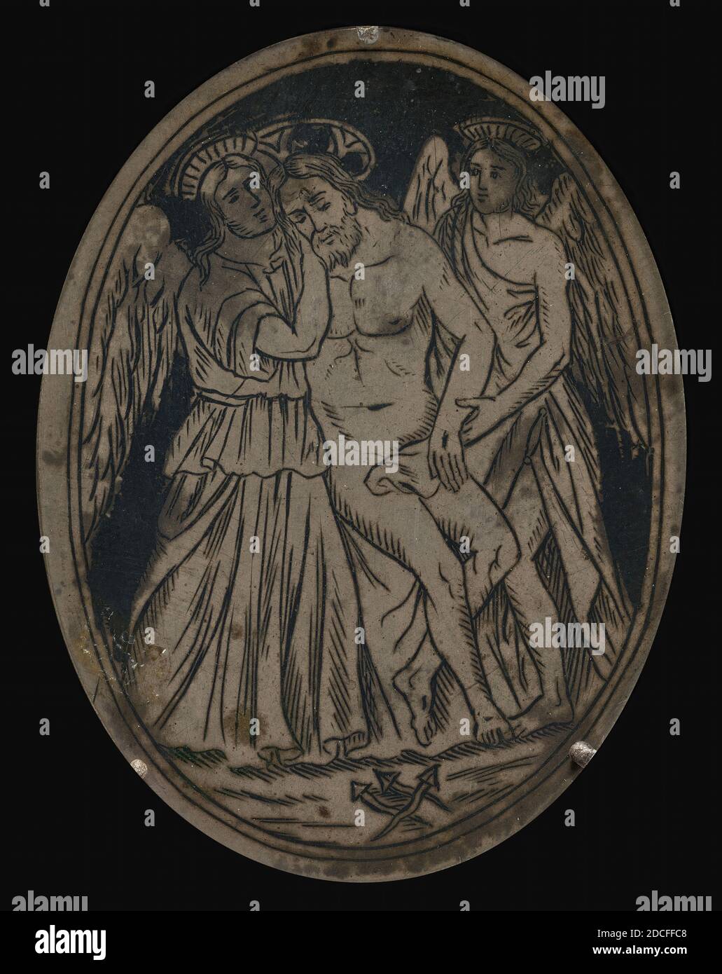Veneziano 16 ° secolo, (scultore), Cristo morto sostenuto da due Angeli, c.. 1589, piastra niello Foto Stock