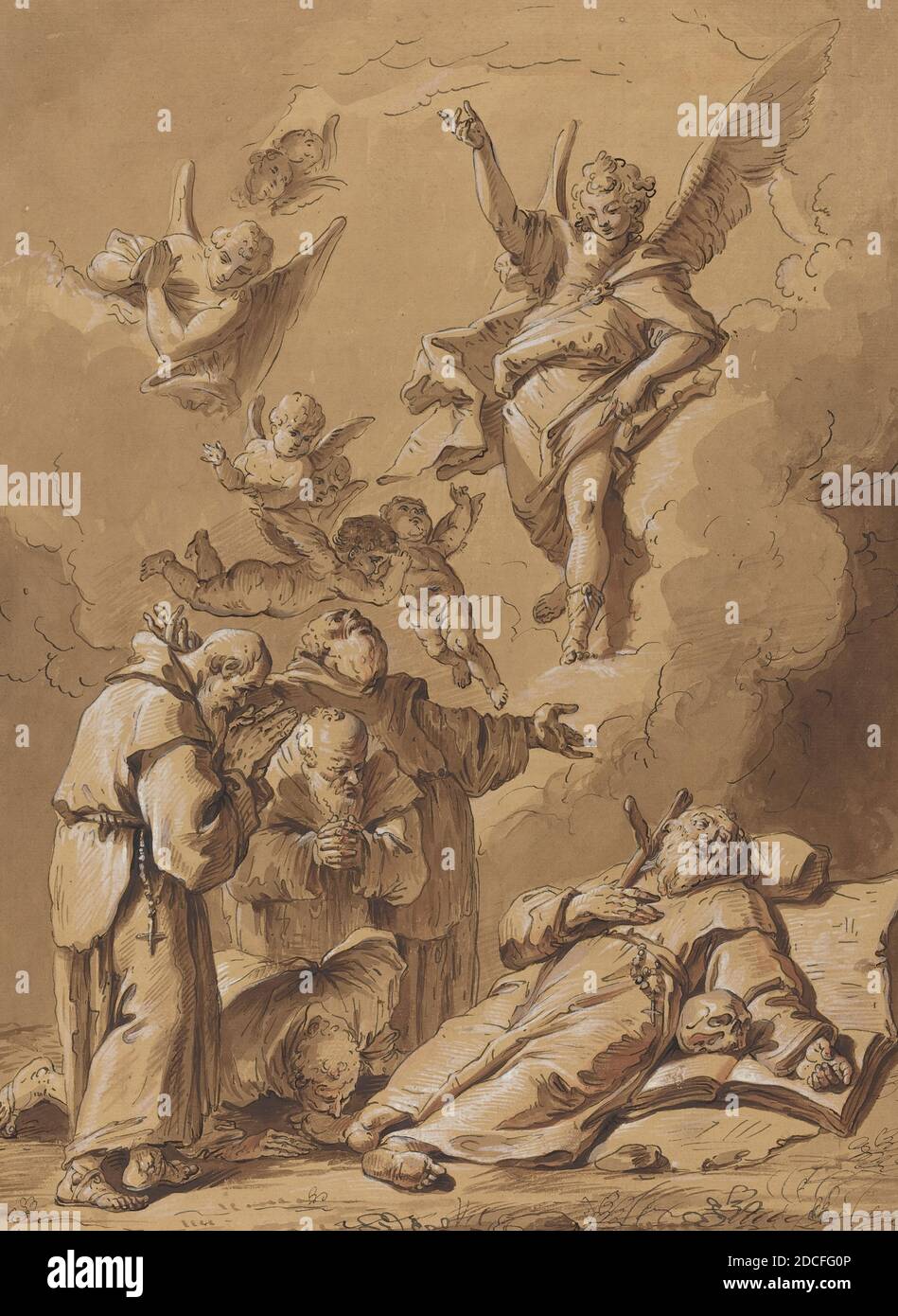 Artista anonimo, (artista), Francesco Fontebasso, (artista collegato), Veneziano, 1709 - 1769, morte di un Santo Frate, XVIII secolo, inchiostro penna e marrone, pennello e inchiostro marrone, intensificato con bianco, su carta a foglio, totale (approssimativo): 52 x 39.2 cm (20 1/2 x 15 7/16 pollici) Foto Stock