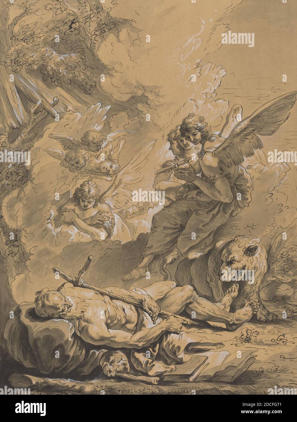 Artista anonimo, (artista), Francesco Fontebasso, (artista correlato), Veneziano, 1709 - 1769, morte di San Girolamo, XVIII secolo, inchiostro penna e marrone, pennello e marrone, intensificato con bianco, su carta a fogli, totale (approssimativo): 53.4 x 39.9 cm (21 x 15 11/16 pollici) Foto Stock