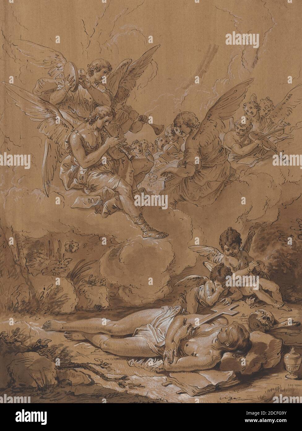 Artista anonimo, (artista), Francesco Fontebasso, (artista correlato), Veneziano, 1709 - 1769, morte della Maddalena, XVIII secolo, inchiostro penna e marrone, pennello e inchiostro marrone, intensificato con bianco, su carta a foglio, totale (approssimativo): 52.9 x 39.2 cm (20 13/16 x 15 7/16 pollici) Foto Stock