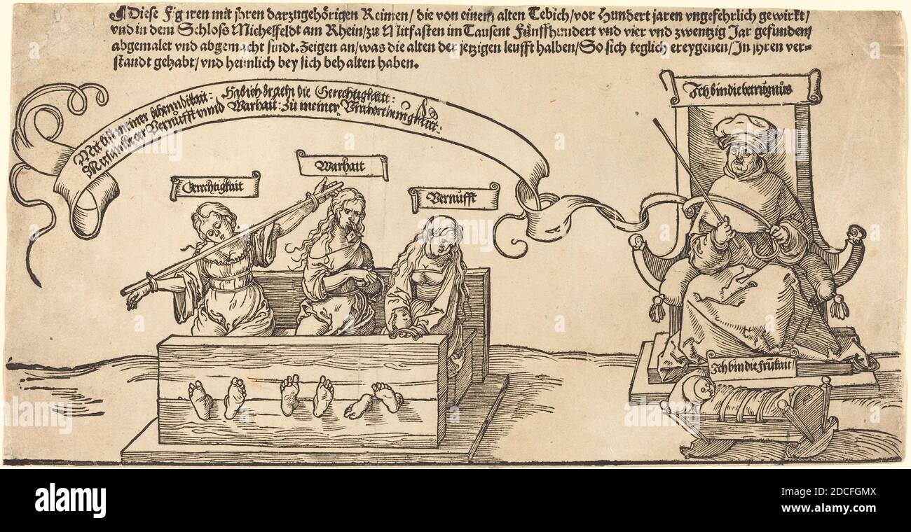 Albrecht Dürer, (artista), tedesco, 1471 - 1528, Giustizia, verità e ragione nelle azioni con il giudice seduto e la pietà addormentata, l'arazzo Michelfeldt: Allegoria di ingiustizia sociale, (serie), probabilmente 1526, taglio di legno Foto Stock