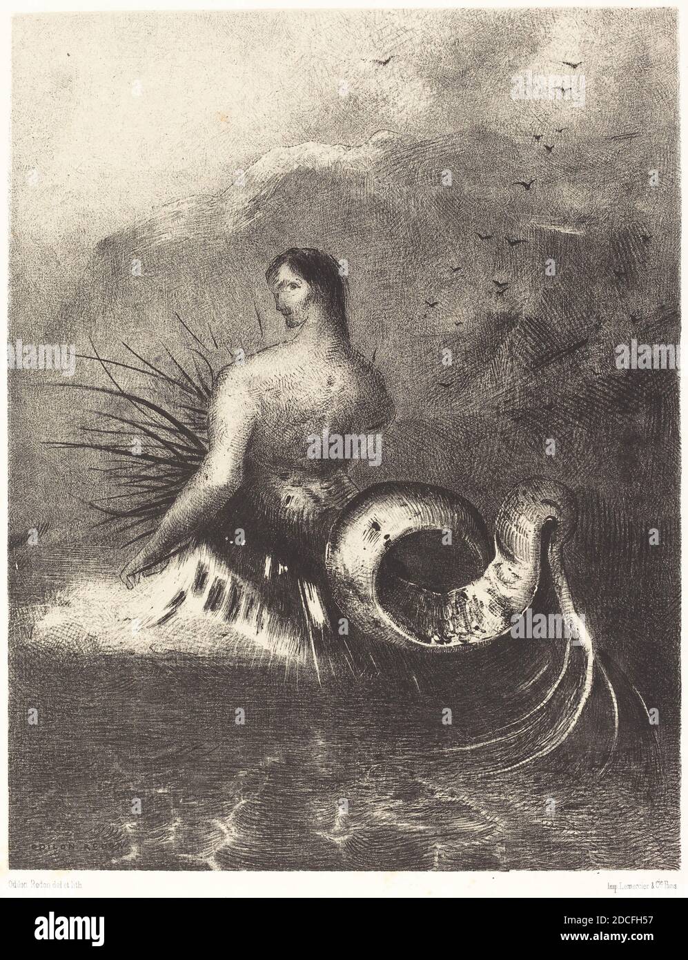 Odilon Redon, (artista), francese, 1840 - 1916, la sirene sortit des flots vetue de dards (la Sirena rivestita di barbe, emersa dalle onde, Les Origines, (serie), 1883, litografia, immagine: 30.1 x 23.5 cm (11 7/8 x 9 1/4 pollici), foglio: 55 x 35.8 cm (21 5/8 x 14 1/8 pollici Foto Stock