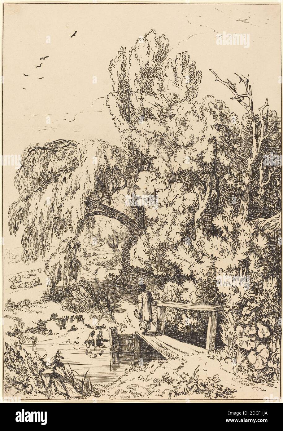 William Havell, (artista), British, 1782 - 1857, Paesaggio con alberi, Girl Crossing Footbridge, esemplari di poliautografia, (serie), 1804, litografia a penna e a crepuscolo Foto Stock