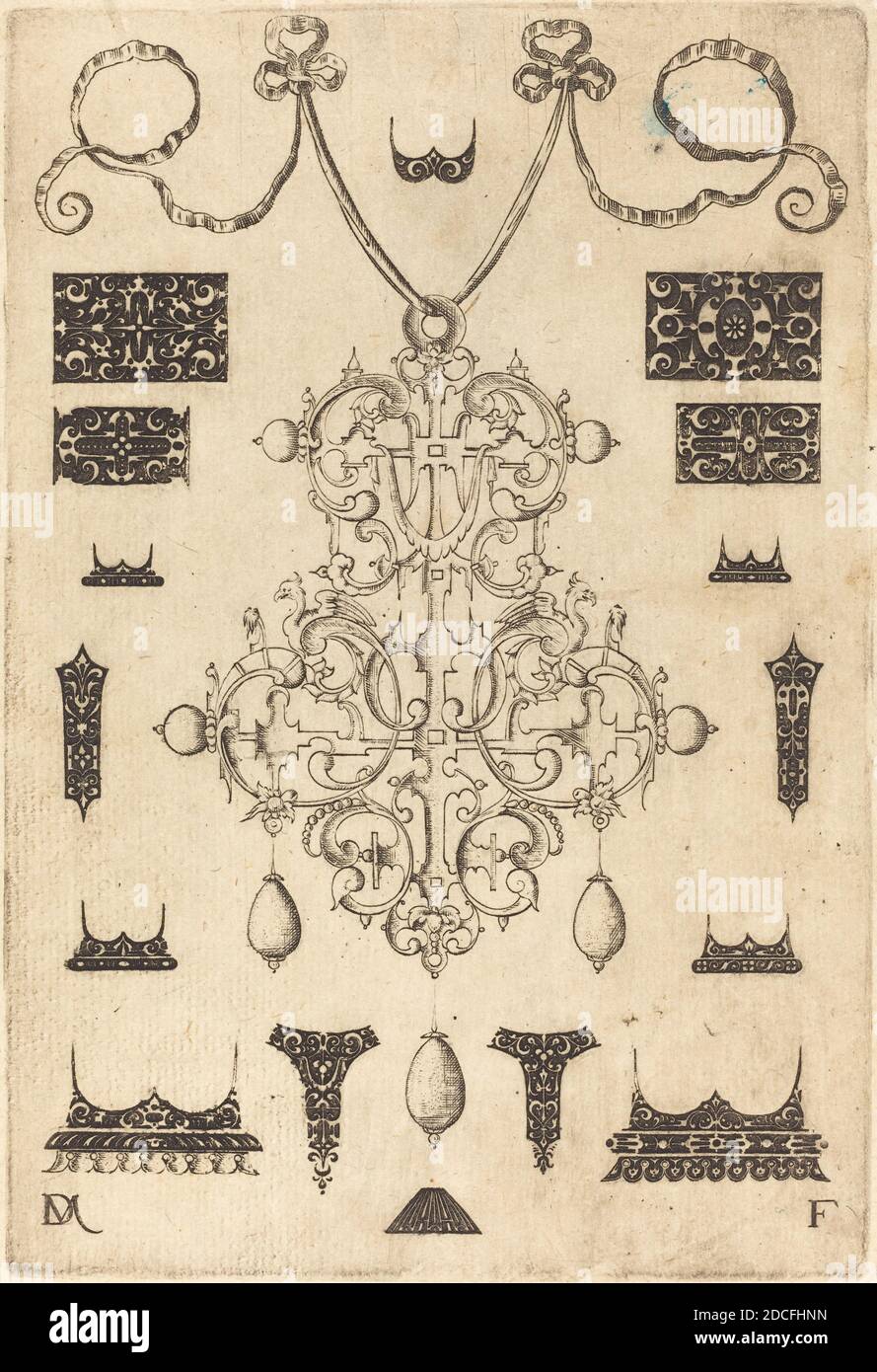 Daniel Mignot, (artista), tedesco, attivo 1593/1596, Ciondolo grande con tre gocce sotto, circondato da quindici diversi prigionieri, pendenti, medaglioni, e borchie: pl.6, (serie), 1593, incisione Foto Stock
