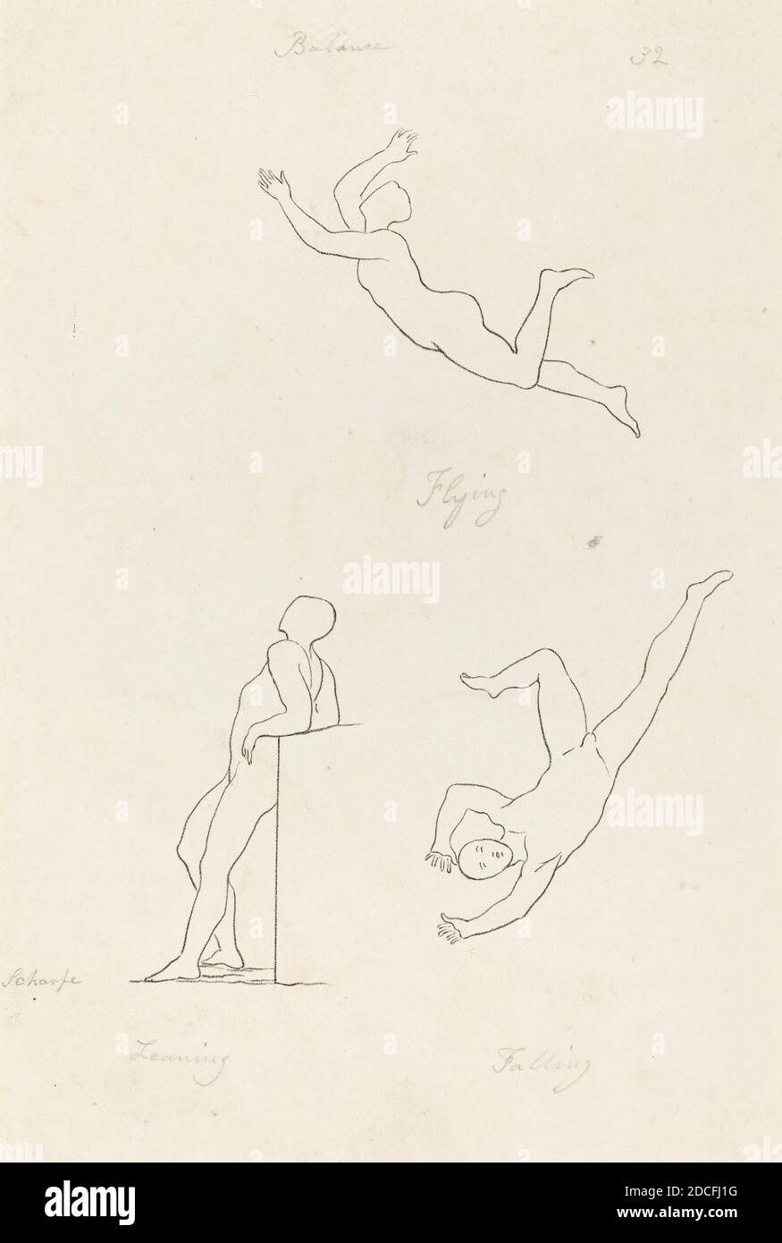 George Scharf, (artista), tedesco, 1788 - 1860, John Flaxman, (artista dopo), britannico, 1755 - 1826, Leaning, Flying and Falling, 'Lectures on Sculpture:' pl.32, (serie), pubblicato 1829, litografia Foto Stock