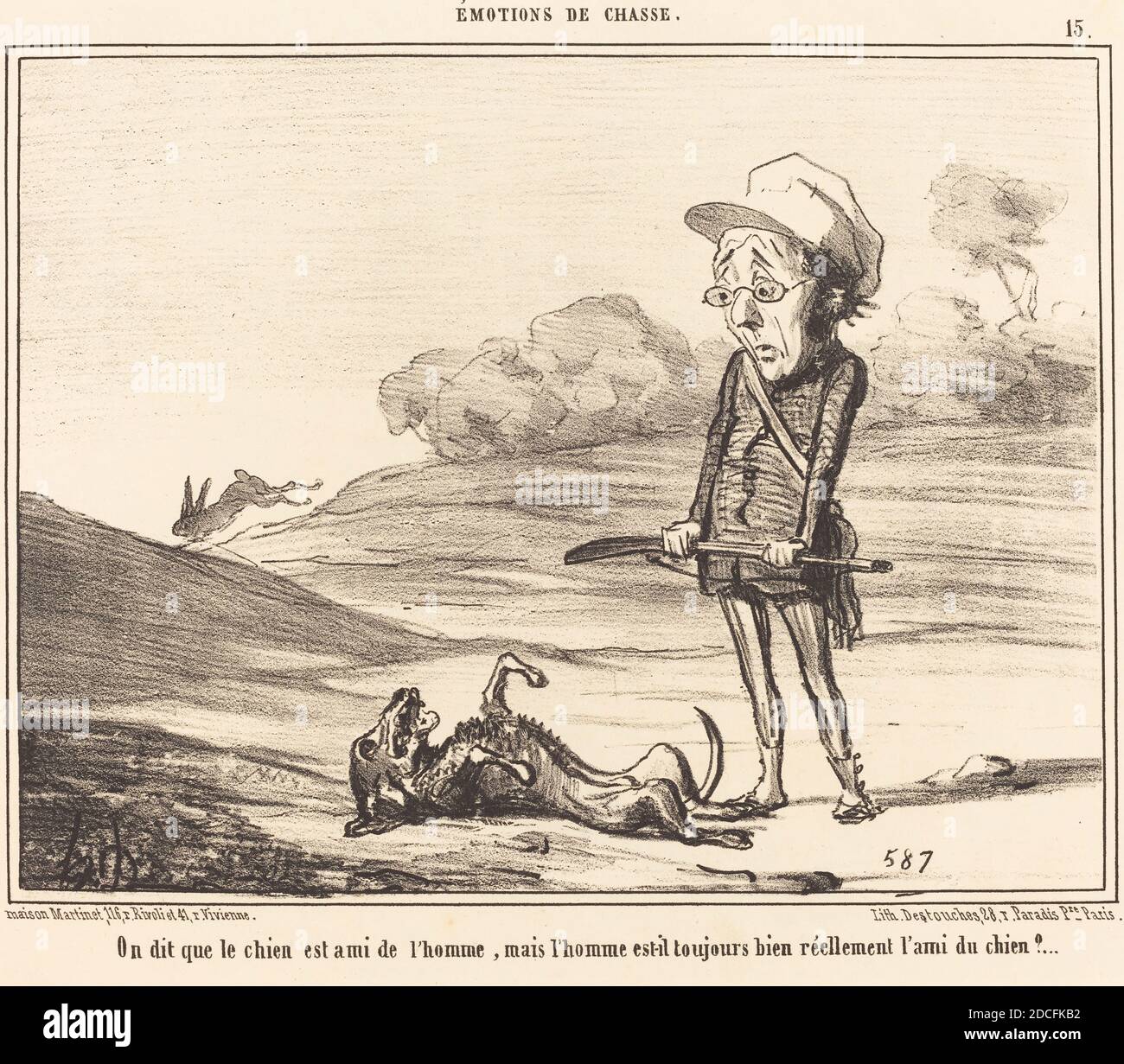 Honoré Daumier, (artista), francese, 1808 - 1879, on dit que le chien est ami de l'homme..., emotions de Chasse: pl.15, (serie), 1855, litografia Foto Stock
