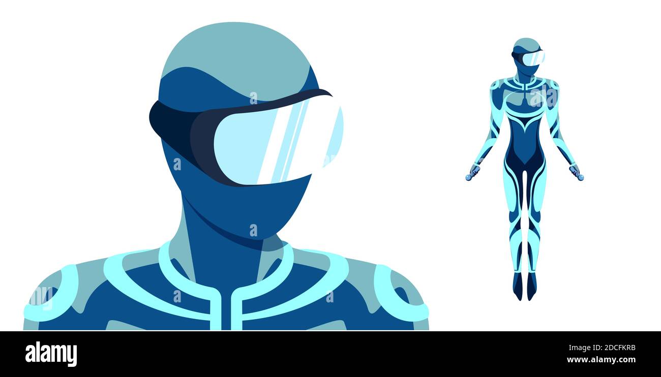Simulatore di realtà virtuale nel concetto di cuffia. Utente uomo in tuta blu con occhiali VR casco isolato su sfondo bianco. Illustrazione eps vettoriale con tecnologia futuristica Illustrazione Vettoriale